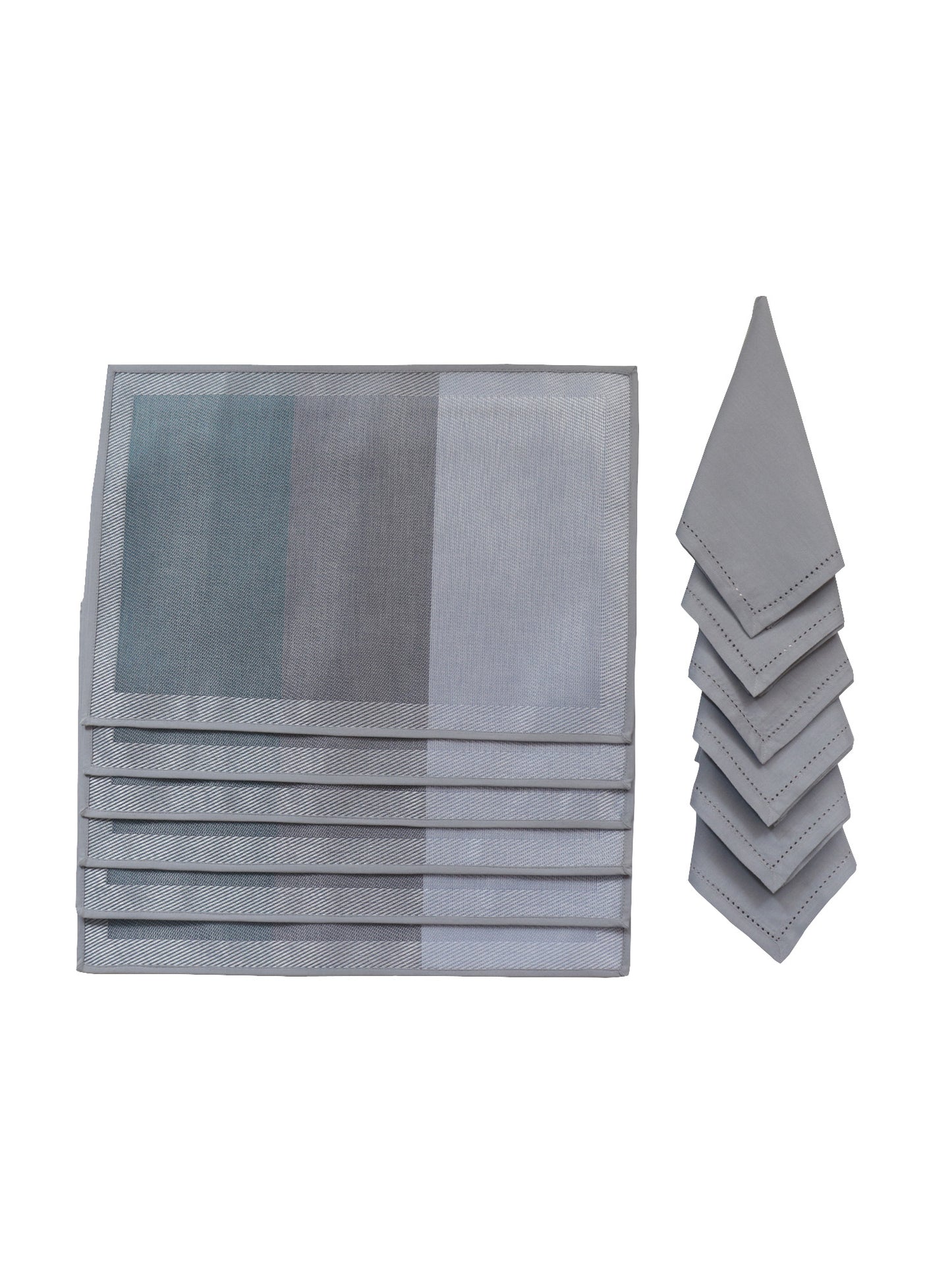 Solid Dinner Table Mats and Table Napkin | Flat Piping | Grey & Blue | Set of 6 | Polyester | Cotton | 12 Inch x 18 Inch | 16 Inch x 16 Inch