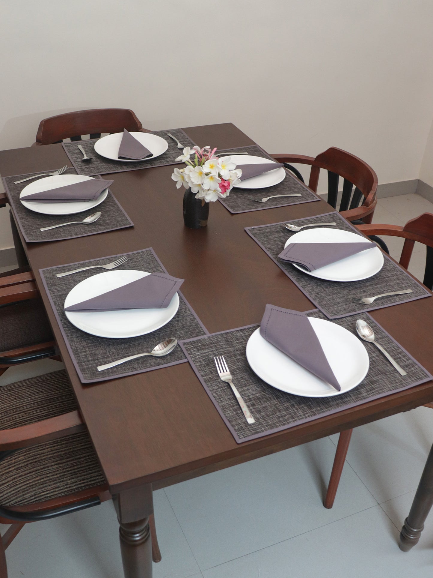 Solid Dinner Table Mats and Table Napkin | Flat Piping | Grey & Lilac | Set of 6 | Polyester | Cotton | 12 Inch x 18 Inch | 16 Inch x 16 Inch
