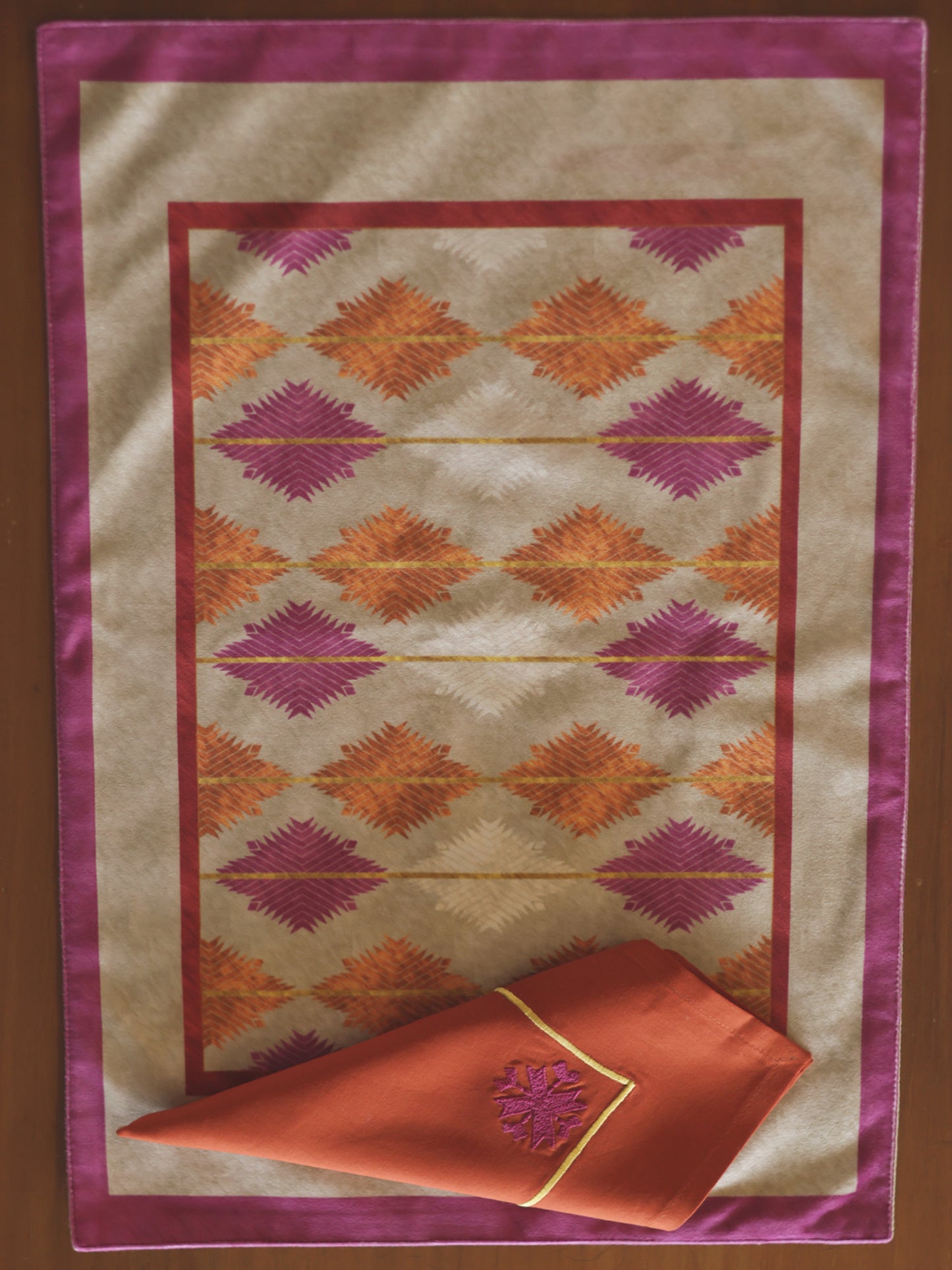 Phulkari Motifs Printed Velvet Table Mats | Set of 6 | 13 Inch x 19 Inch | Pink & Orange