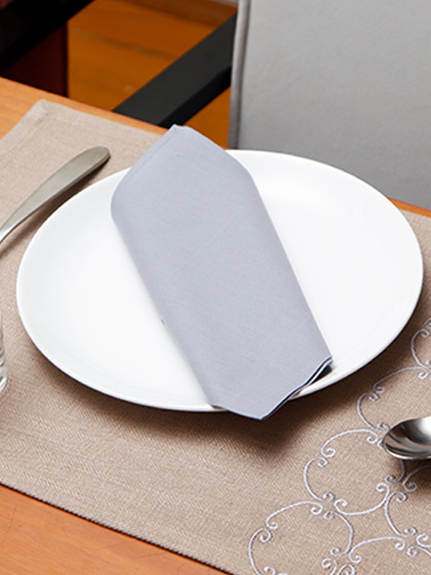 Embroidered Dining Table Mats and Solid Grey Dining Table Napkins | Cotton Blend | Set Of 6 | 13 Inch x 19 Inch | 16 Inch x 16 Inch