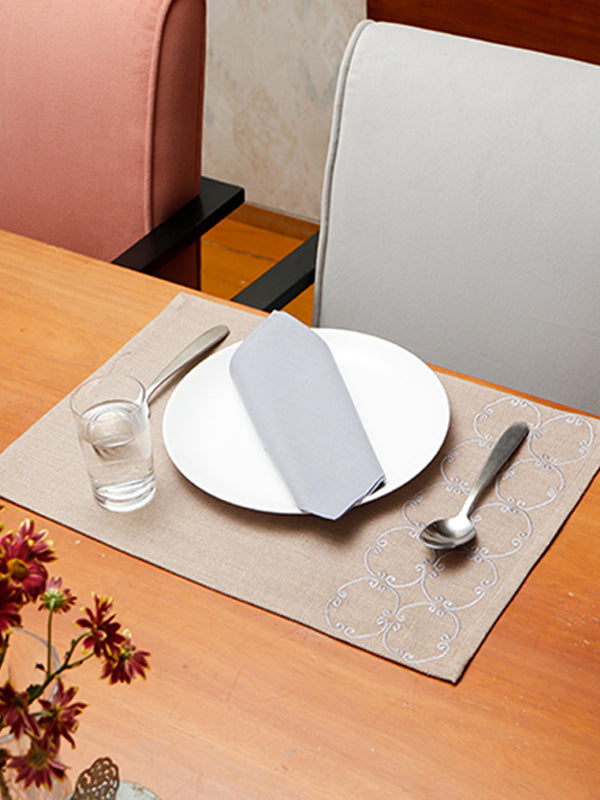 Embroidered Dining Table Mats and Solid Grey Dining Table Napkins | Cotton Blend | Set Of 6 | 13 Inch x 19 Inch | 16 Inch x 16 Inch