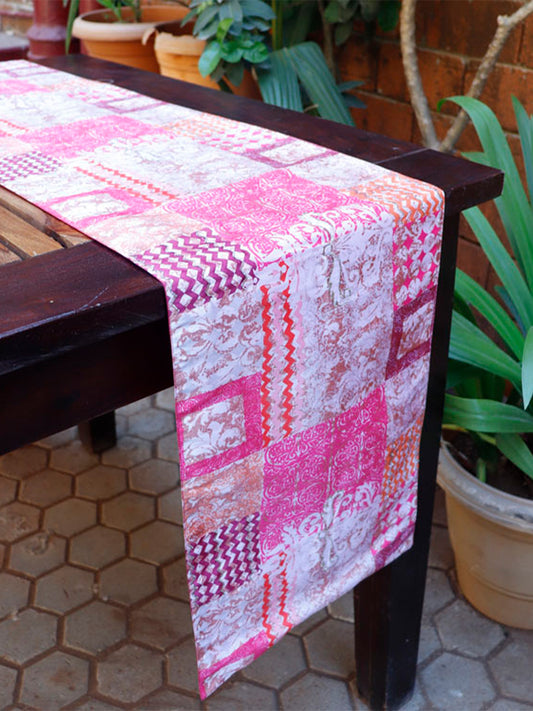 Pink Embroidered Printed Table Runner | 4 and 6 Seater | 12 Inch x 84 Inch | Polyester