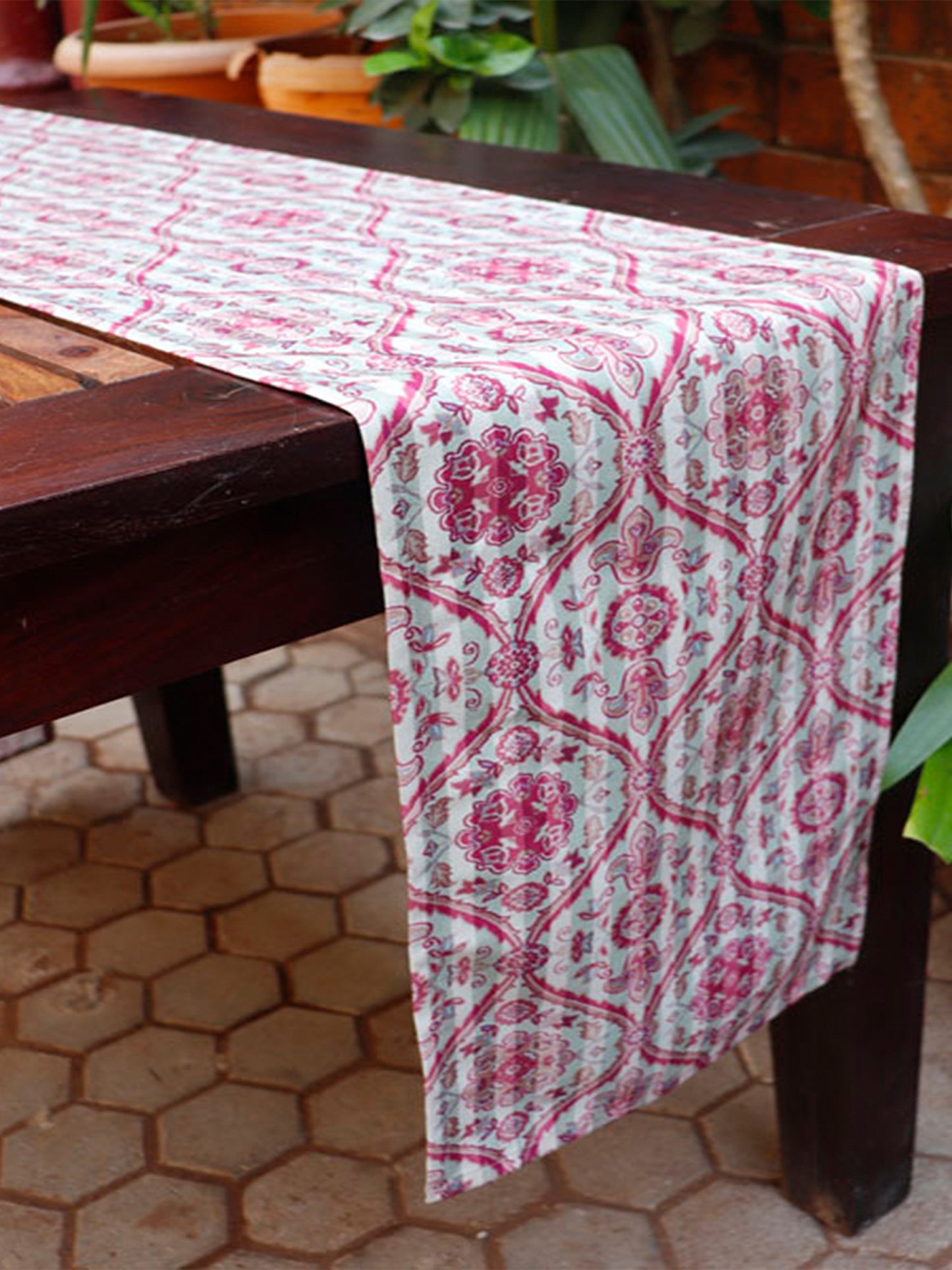 Pink Hand Embroidered | Floral Printed | Polycanvas Table Runner For 4 and 6 Seater Dining Table | 12 Inch x 84 Inch