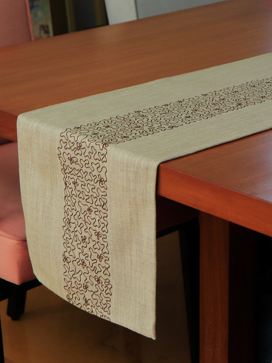 Aari Embroidered Beige Table Runner | 4 and 6 Seater | 12 Inch x 84 Inch | Cotton