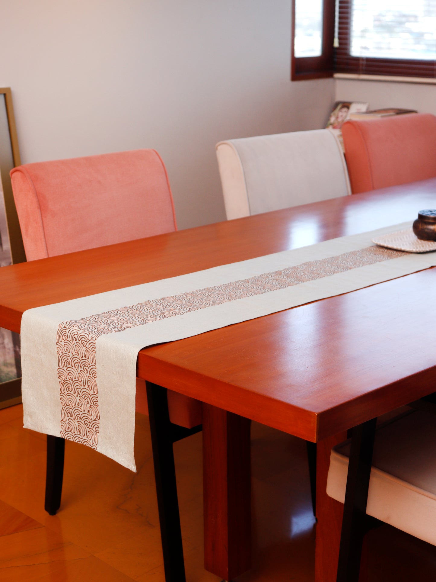 Red Embroidered Cotton Table Runner | 4 and 6 Seater | 12 Inch x 84 Inch | Off White