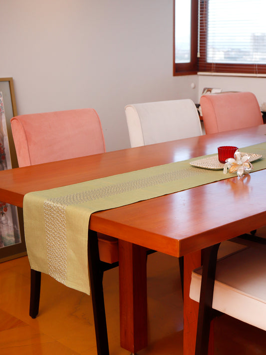 Golden Embroidered Table Runner | Cotton Blend  | 4 and 6 Seater | 12 Inch x 84 Inch | Green