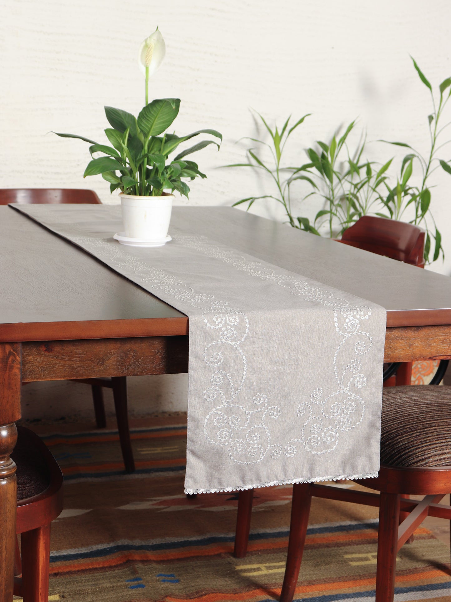 Zeba World (Luxury) Table Runner with Dotted Embroidery with Laces on longer ends | Grey 6 Seater Table Runner Cloth, Table Runner for Living Room, Dining Table - 30 cms x 210 cms; 12 x 84 inches
