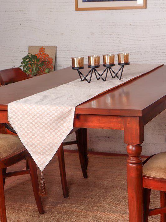 Brocade Silk Table Runner with Floral Pattern and Golden Tassles | Off White - 12in X 84in