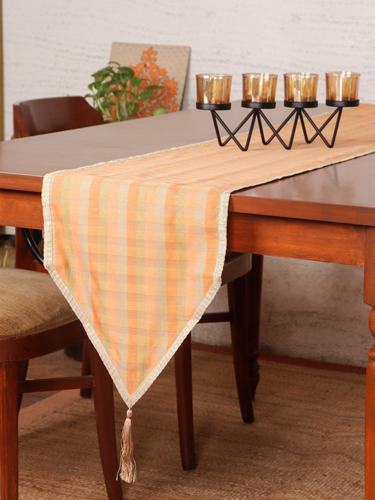 Brocade Table Runner with Checkered Pattern with Tassles | Orange - 12in X 84in