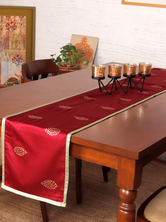 Table Runner with Butti Block Print and Contrast Flange Border | Red - 12in X 84in