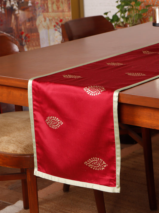 Table Runner with Butti Block Print and Contrast Flange Border | Red - 12in X 84in