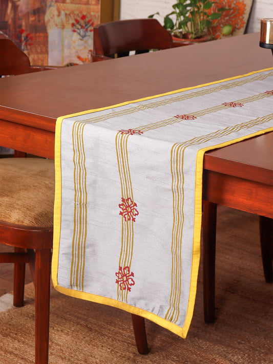 Table Runner with Block Print and Flange Border | Silver - 12in X 84in