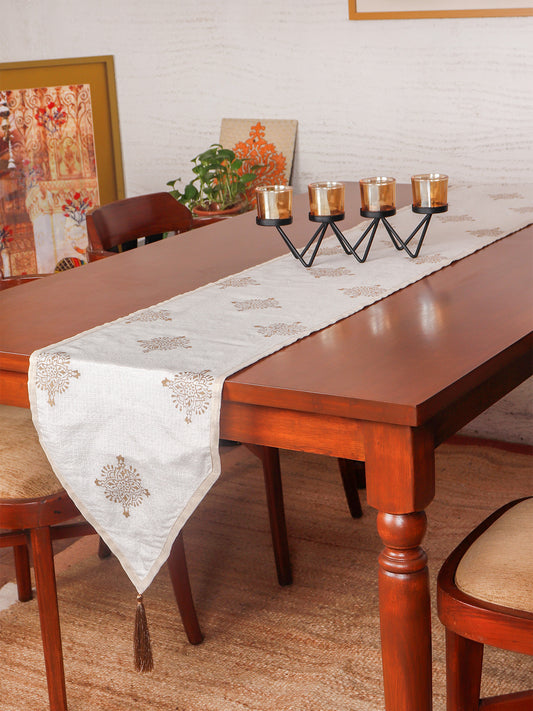 Brocade Silk Table Runner with Golden Block Print and Golden Tassles | Off White - 12in X 84in