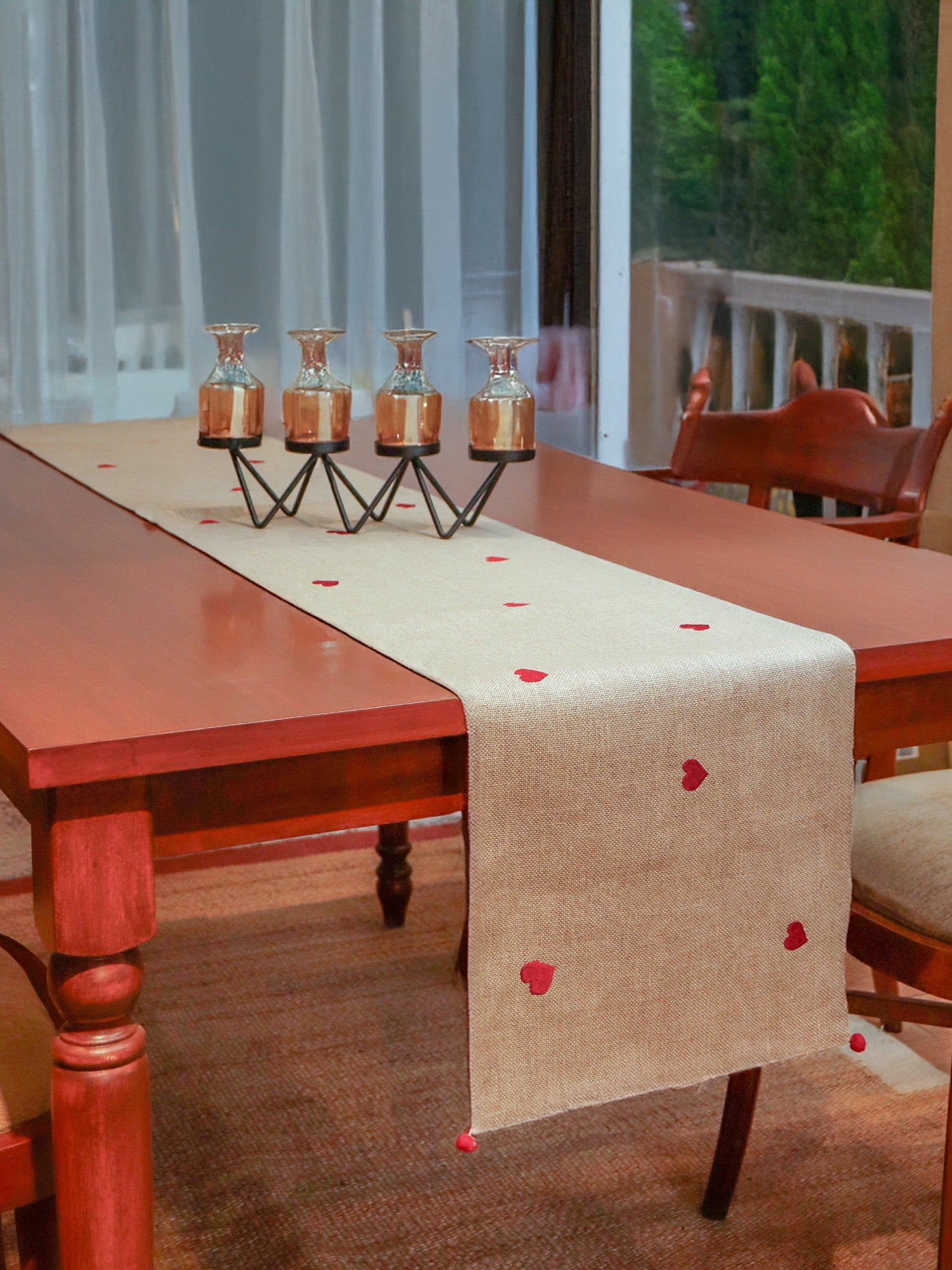 Red Heart Embroidered Table Runner with Pompoms at Ends | Valentine