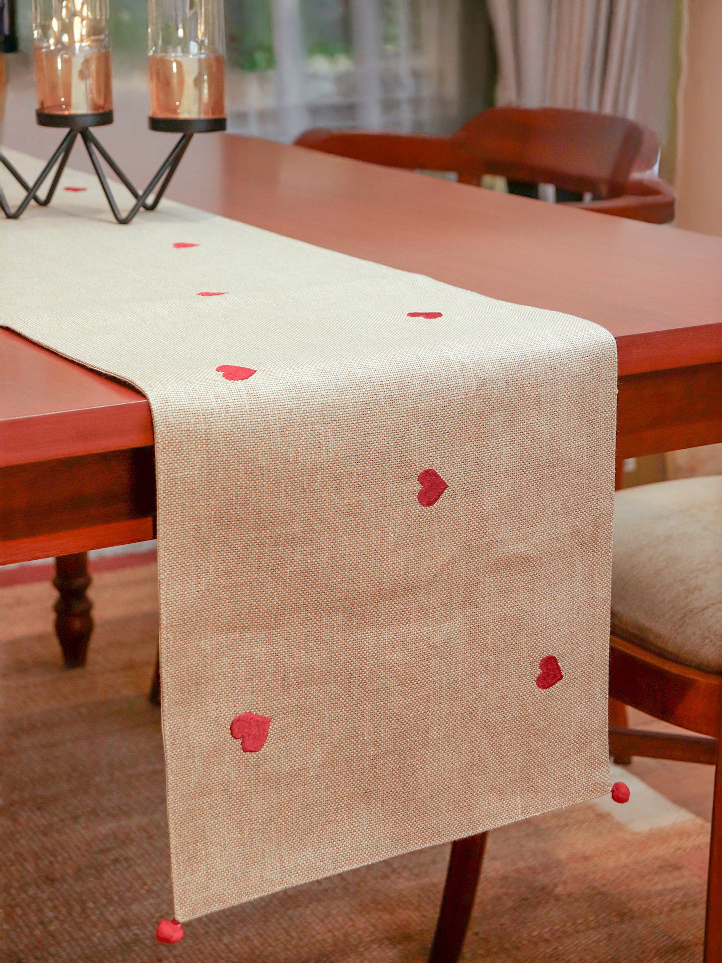 Red Heart Embroidered Table Runner with Pompoms at Ends | Valentine's Day Gift for Her | Beige - 12 x 84 Inch