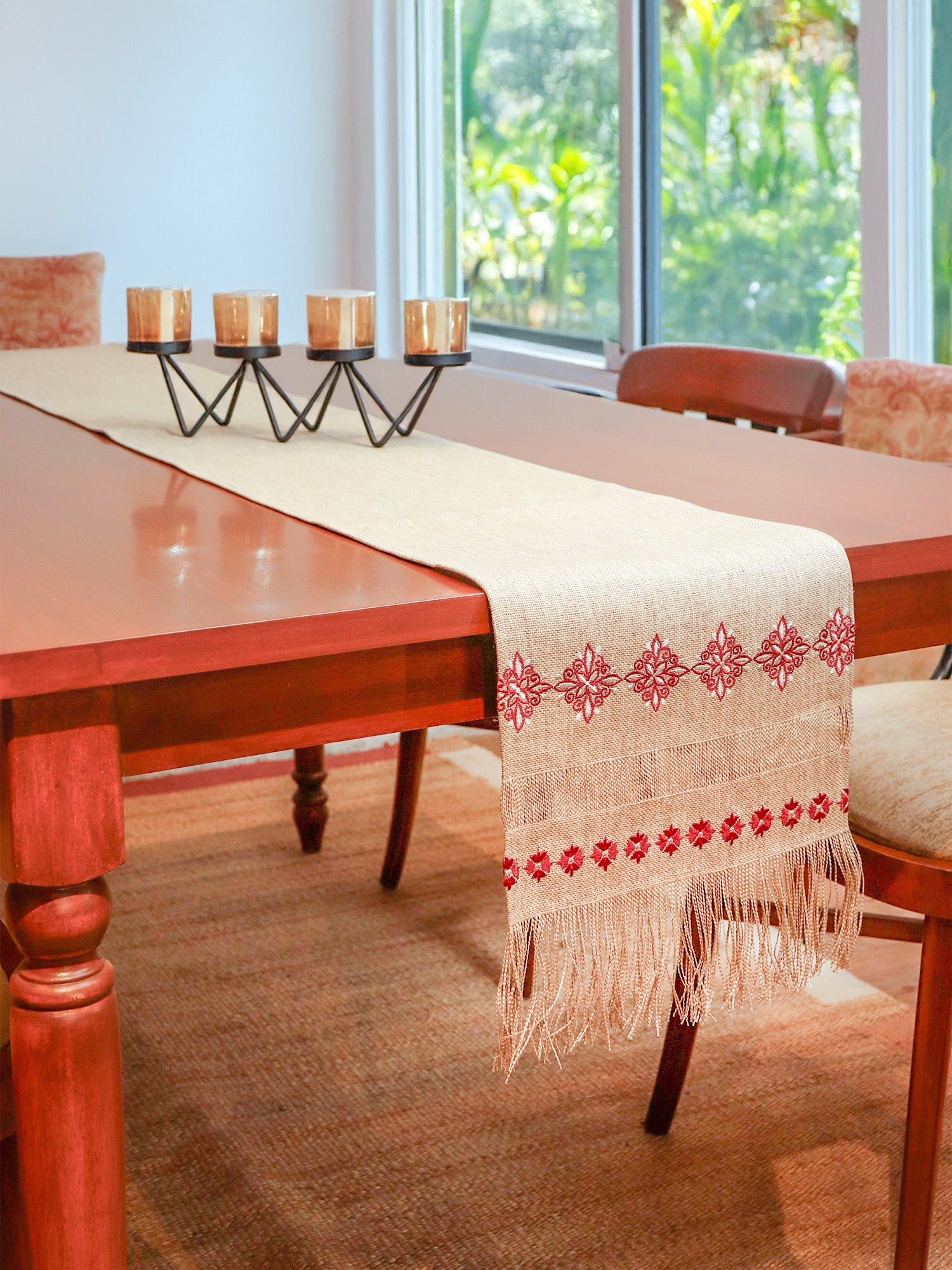 Motif Embroidered Table Runner with Frayed Edges | Valentine