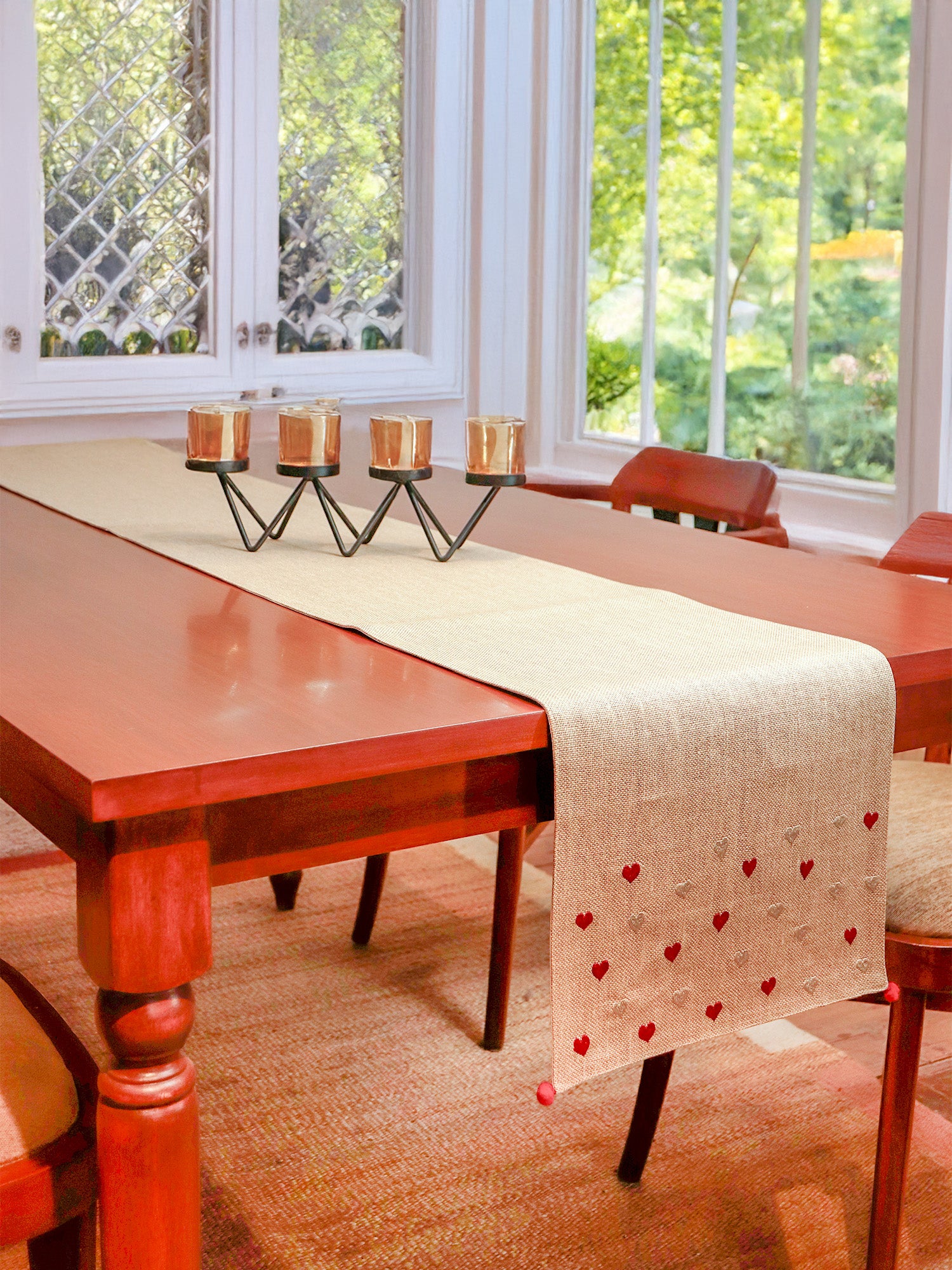 Silver and Red Heart Embroidered Table Runner with Pompoms at Ends | Valentine