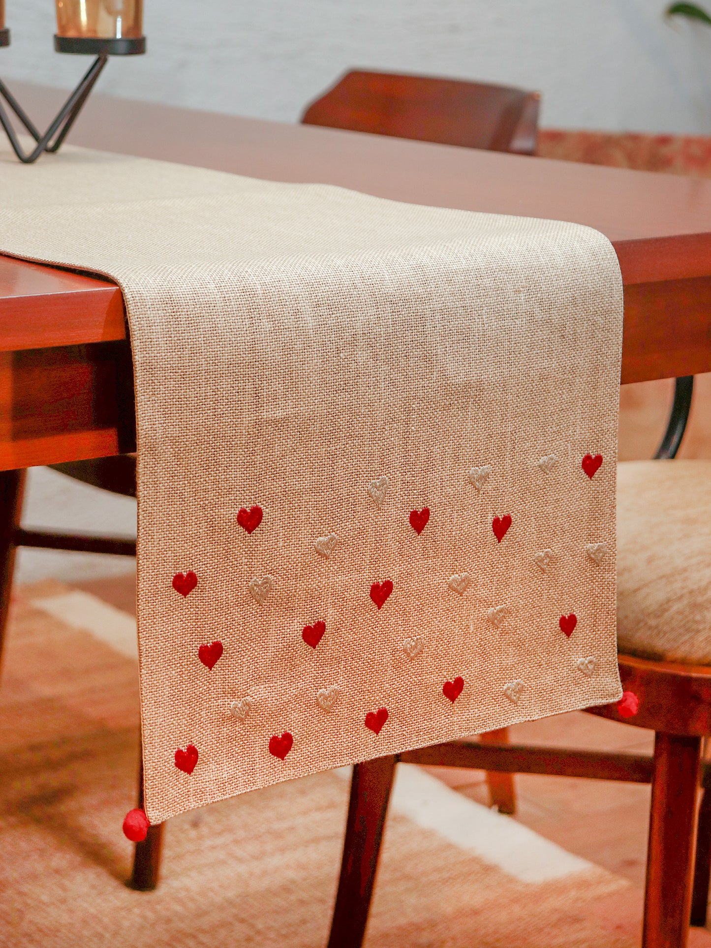 Silver and Red Heart Embroidered Table Runner with Pompoms at Ends | Valentine's Day Gift for Her | Beige - 12 x 84 Inch