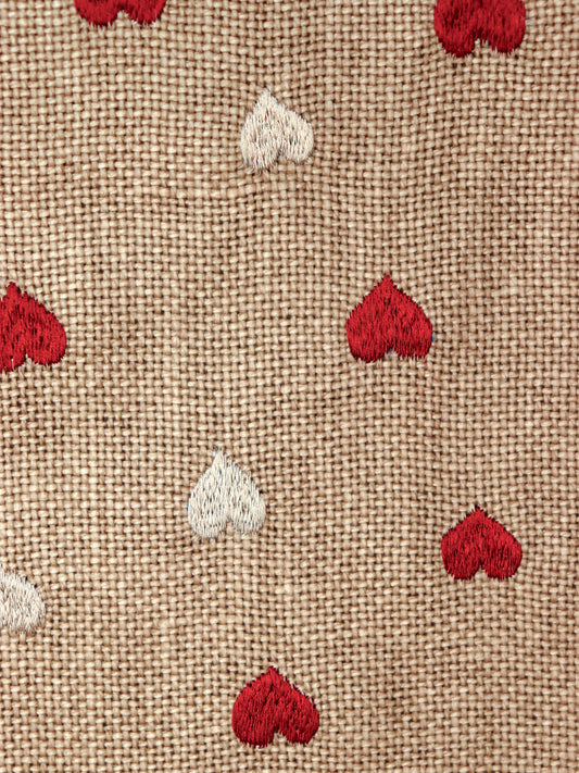 Silver and Red Heart Embroidered Table Runner with Pompoms at Ends | Valentine's Day Gift for Her | Beige - 12 x 84 Inch