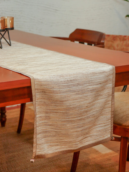 Patti Work | Two Tone Polyester Table Runner | 4 and 6 Seater | 14 Inch x 108 Inch | Beige