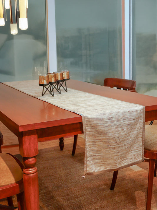 Patti Work | Two Tone Polyester Table Runner | 4 and 6 Seater | 14 Inch x 108 Inch | Beige