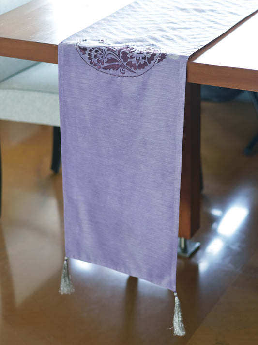 Paisley Embroidered Purple Table Runner With Tassels, Brocade, 12x84inch