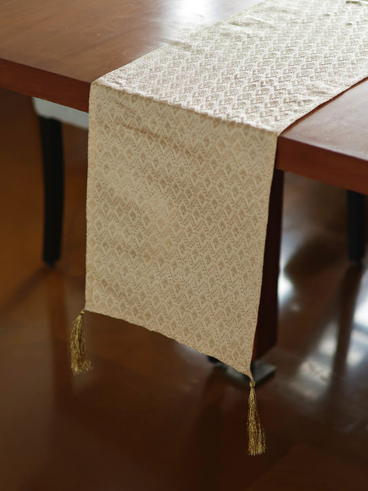 Golden Zari Brocade Table Runner with Tassels, Cream|12x48inch