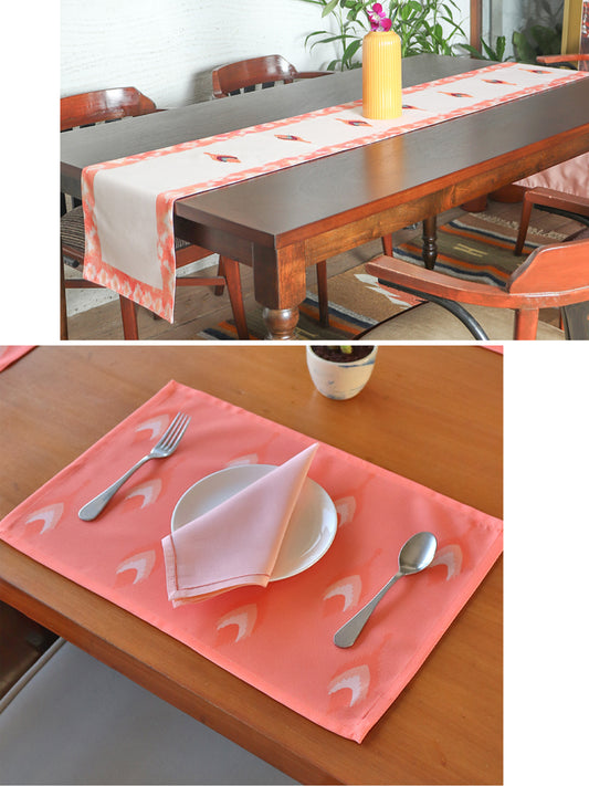 Chevron Printed Dining Table Mats 13 Inch x 18 Inch | Napkins 16 Inch x 16 Inch |Set of 6 | Hand Embroidered Table Runner for 4/6 Seater 12 Inch x 84 Inch | Polycanvas | Orange