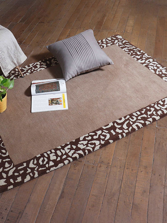 Carpet Hand Tufted 100% Woollen Border Beige And Brown Leopard - 4ft X 6ft