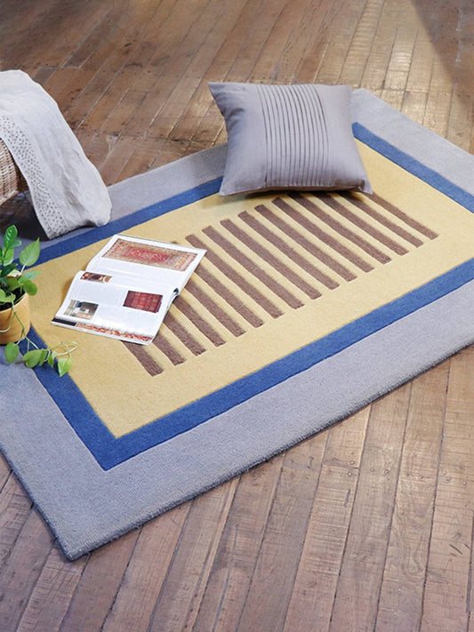 Carpet Hand Tufted 100% Woollen Modern Border Stripes Beige, Blue And Yellow - 4ft X 6ft