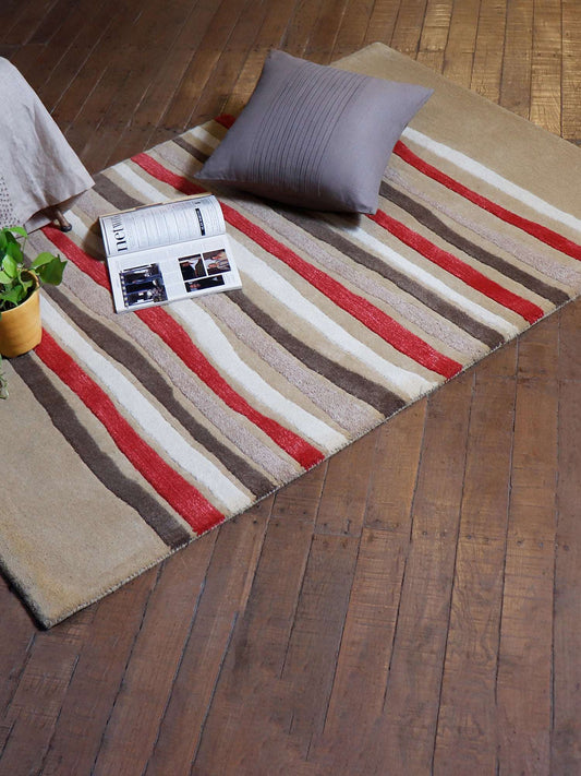 Carpet Hand Tufted 100% Woollen Modern Striped Beige And Coral - 4ft X 6ft