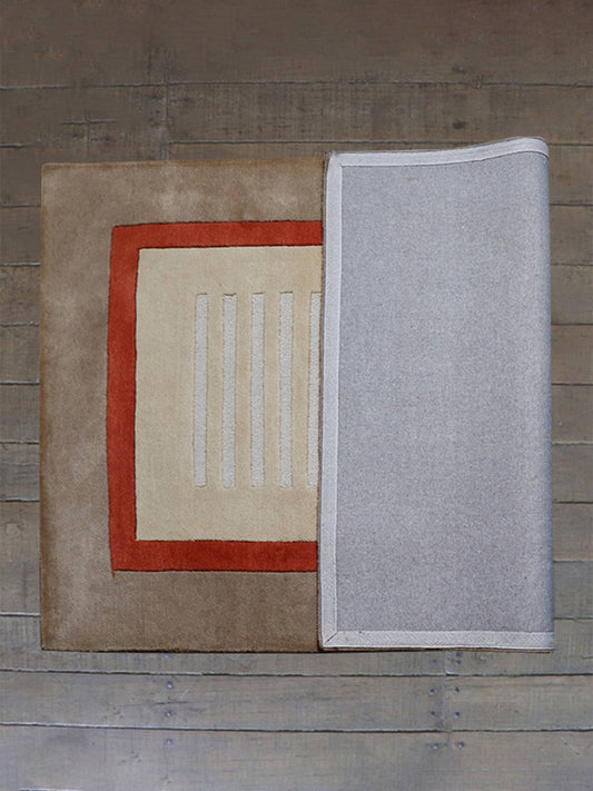 Carpet Hand Tufted 100% Woollen Beige,Rust And Brown Border Stripes - 4ft X 6ft