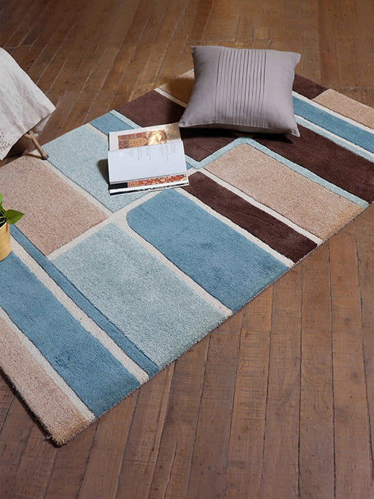 Carpet Hand Tufted 100% Woollen Multi Light Blue And Off White Block - 4ft X 6ft