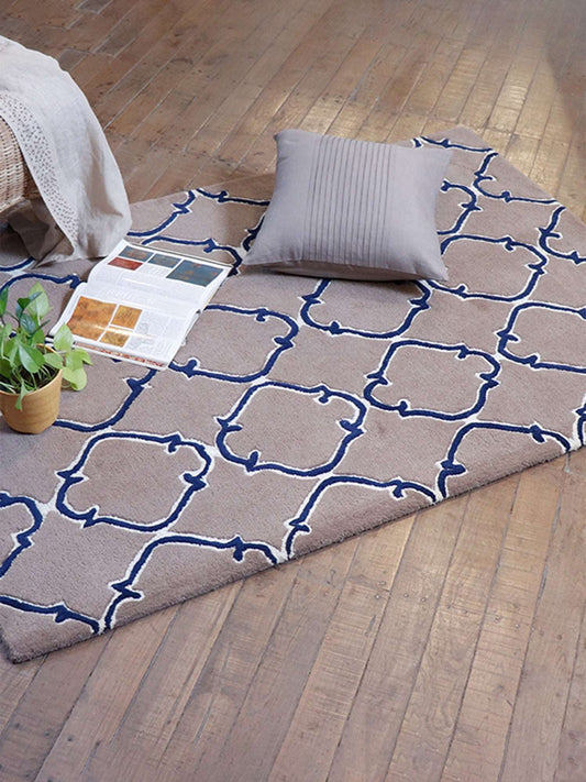 Carpet Hand Tufted 100% Woollen Grey And Blue Moorish Jaali - 4ft X 6ft