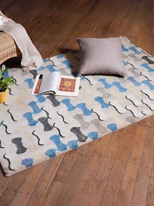 Carpet Hand Tufted 100% Woollen Grey And Blue Abstract Pebble Tile - 4ft X 6ft