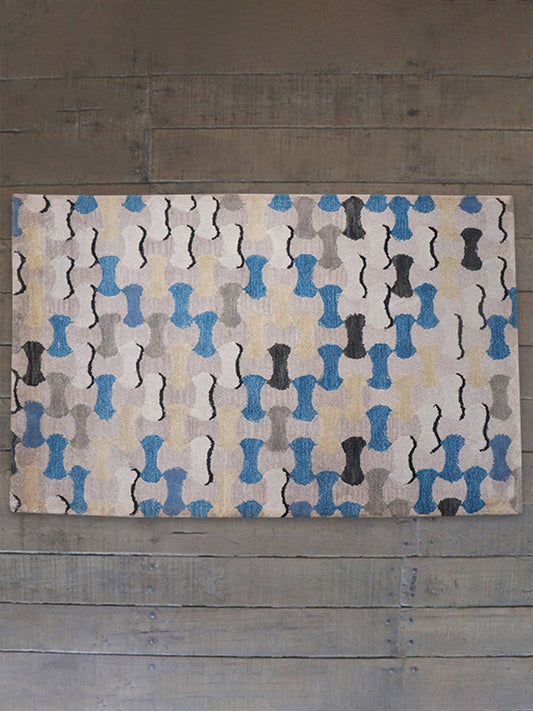 Carpet Hand Tufted 100% Woollen Grey And Blue Abstract Pebble Tile - 4ft X 6ft