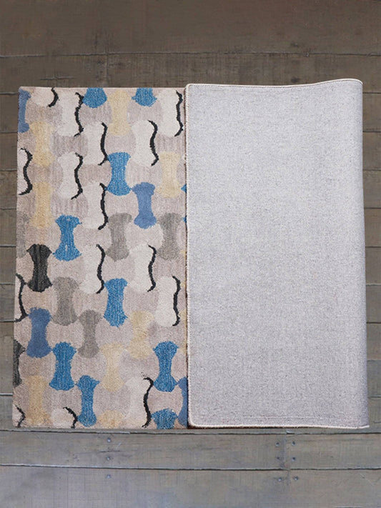 Carpet Hand Tufted 100% Woollen Grey And Blue Abstract Pebble Tile  - 4ft X 6ft