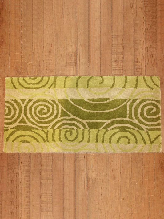 Carpet Hand Tufted 100% Woollen Green Geometric - 2ft X 4ft