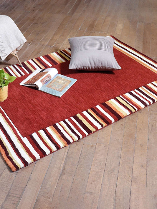 Carpet Hand Tufted 100% Woollen Maroon Border Stripes - 4ft X 6ft