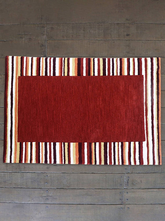 Carpet Hand Tufted 100% Woollen Maroon Border Stripes - 4ft X 6ft