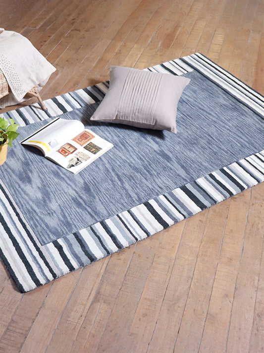Carpet Hand Tufted 100% Woollen Grey Border Stripes - 4ft X 6ft