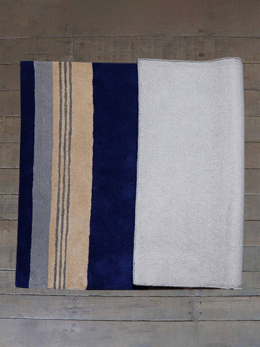 Carpet Hand Tufted 100% Woollen Off White Navy Grey Stripes Nautical - 4ft X 6ft
