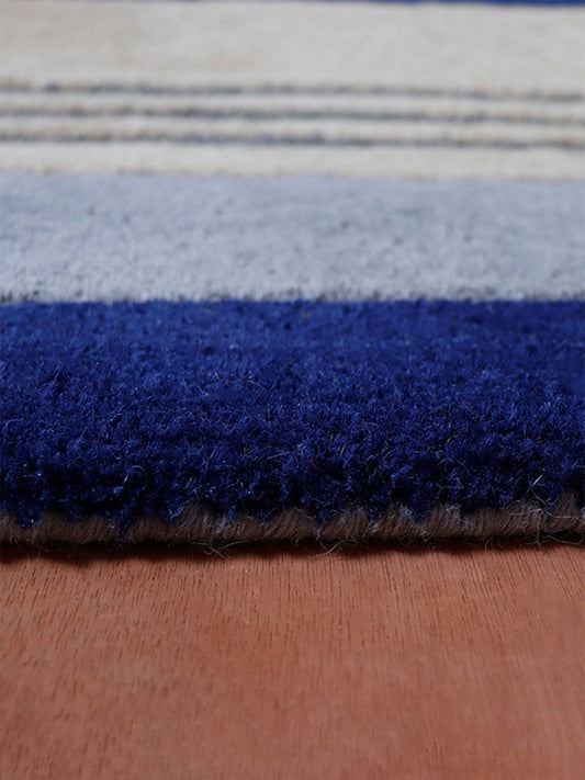 Carpet Hand Tufted 100% Woollen Off White Navy Grey Stripes Nautical - 4ft X 6ft