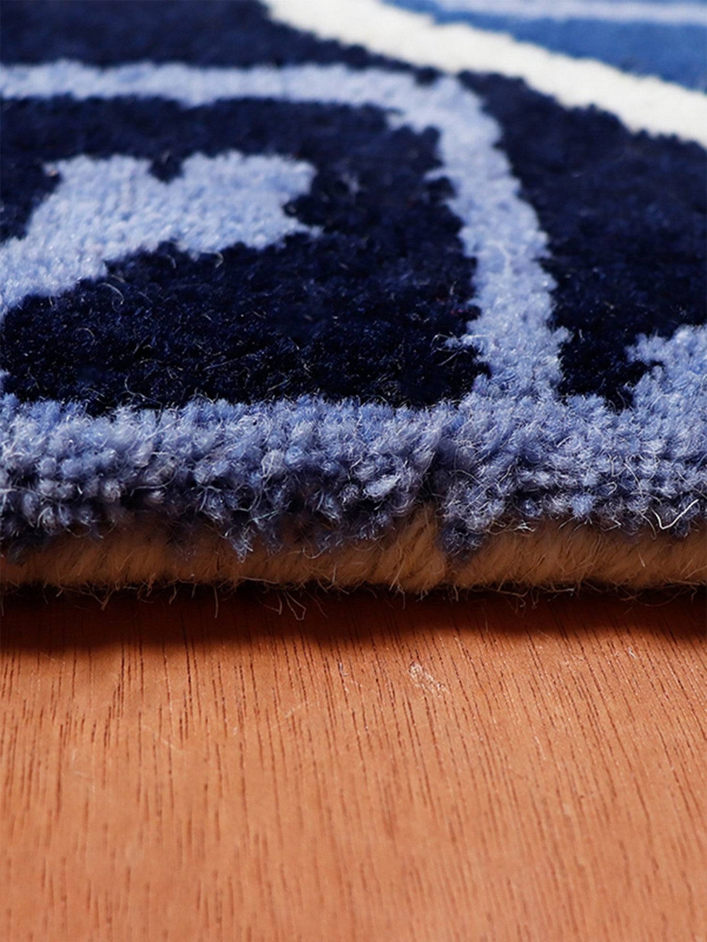 Carpet Hand Tufted 100% Woollen Tile Patchwark Off White Blue - 4ft X 6ft