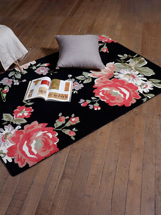 Carpet Hand Tufted 100% Woollen Floral Vintage Black - 4ft X 6ft