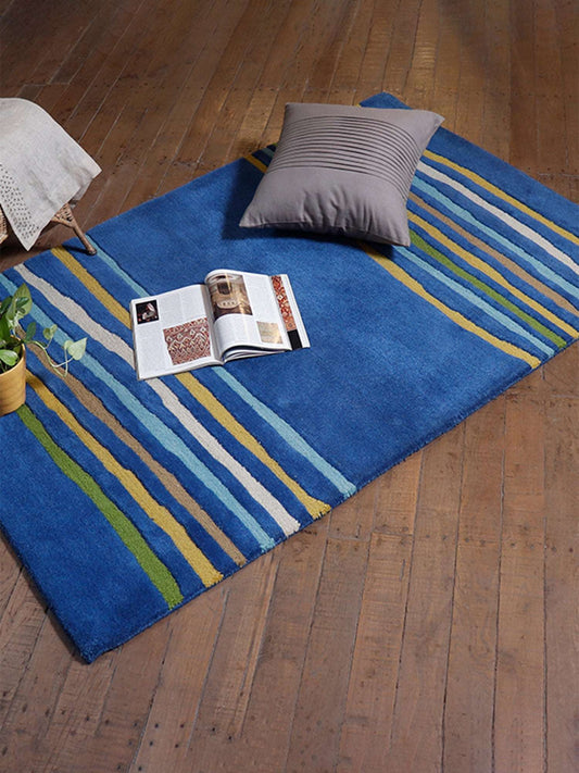 Carpet Hand Tufted 100% Woollen Blues Green Yellow Striped - 4ft X 6ft