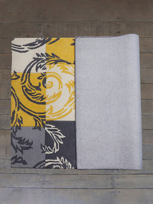 Carpet Hand Tufted 100% Woollen Yellow Grey Patchwork Scroll - 4ft X 6ft