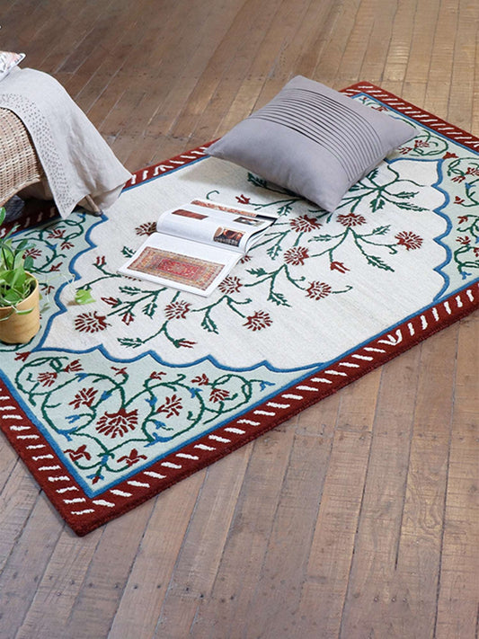 Carpet Hand Tufted 100% Woollen Mushroom, Rust And Aqua - 4ft X 6ft