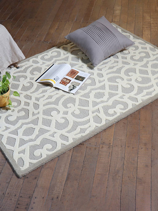 Carpet Hand Tufted 100% Woollen Mushroom And Offwhite Trellis - 4ft X 6ft