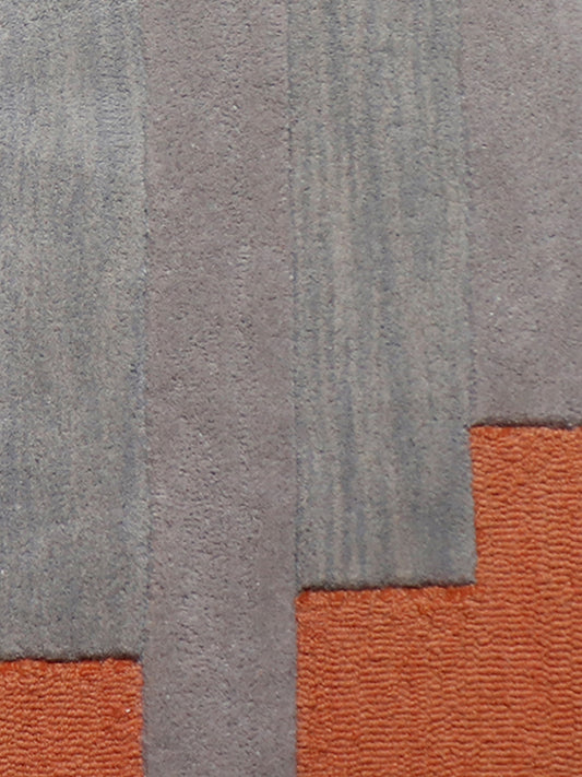 Hand Tufted Abstract Block Pattern | 100 % Wool Premium Carpet | Living Room | Bed Room | Grey & Orange | 4 ft x 6 ft